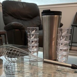 Stainless Steel Travel Mug, Shot glasses and Whisk Set